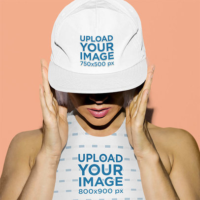Mockup of a Woman Wearing a Crop Top and a Snapback Hat