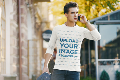 Long Sleeve Tee Mockup of a Man Talking on the Phone 