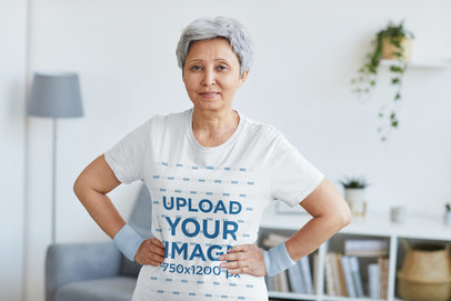 T-Shirt Mockup of a Short-Haired Senior Woman Posing With Her Arms on Her Waist 
