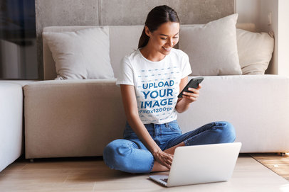 T-Shirt Mockup of a Young Woman Working from Home 