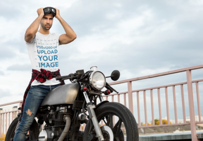 T-Shirt Mockup of a Man Putting on His Motorcycle Sunglasses 34503-r-el2