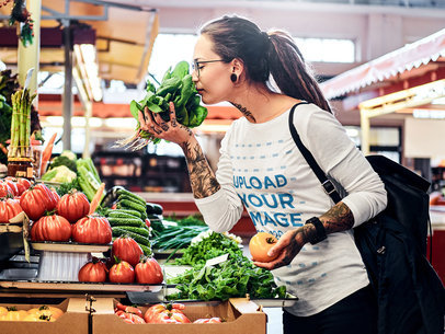 Long Sleeve Tee Mockup of a Woman Getting Veggies at the Grocery Store