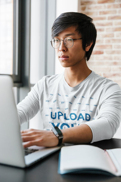 Long Sleeve Tee Mockup of a Man Studying