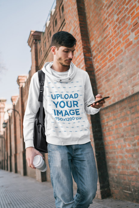 Pullover Hoodie Mockup Featuring a Young Man Walking to College