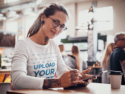 Long Sleeve tee Mockup of a Tattooed Woman with Locks at a Coffee Shop