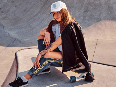 Trucker Hat Mockup of a Young Woman with Tattoos Posing with a Skateboard 37700-r-el2