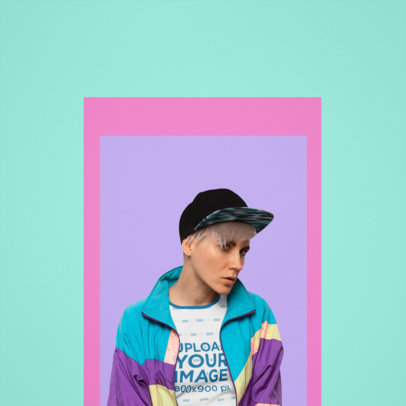 Ringer T-Shirt Mockup Featuring a Woman and a Colorful Background