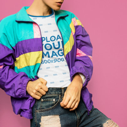 Ringer T-Shirt Mockup of a Trendy Woman Wearing an '80s-Style Jacket 