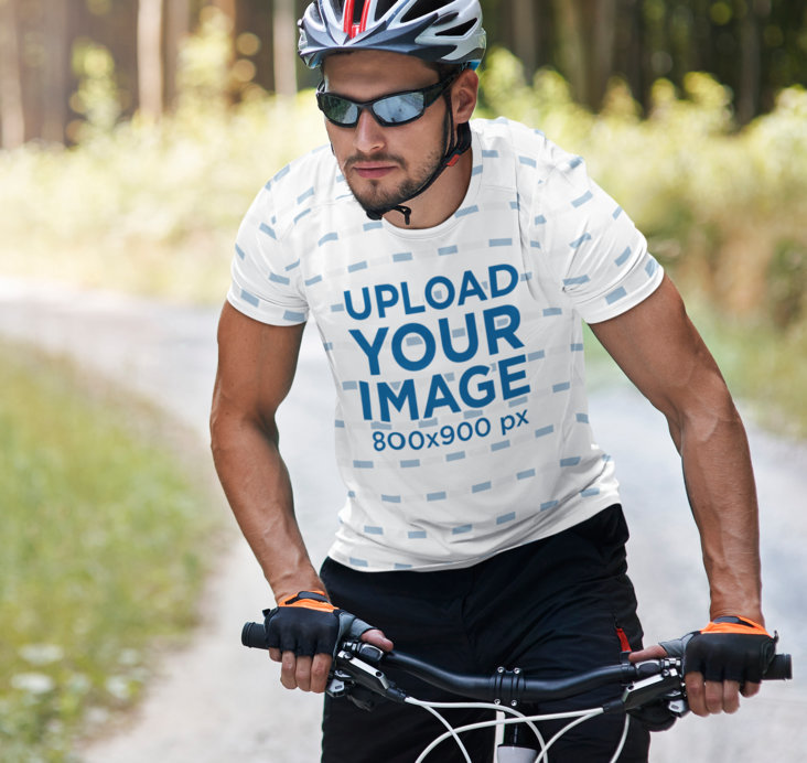 Sublimated T-Shirt Mockup of a Man Riding a Mountain Bike
