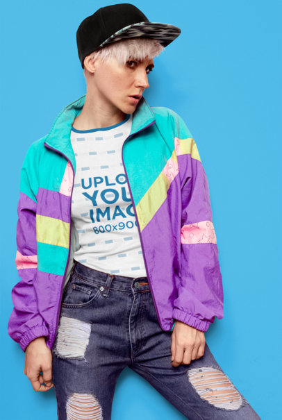 Ringer T-Shirt Mockup of a Cool Woman with an Androgynous Look