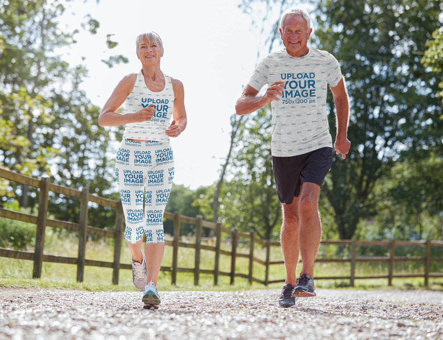 Mockup of a Man in a T-Shirt and a Woman Wearing a Tank Top and Leggings