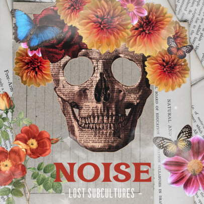 Cover Template for a Music Album Featuring a Skeleton with Head Flowers 2763e