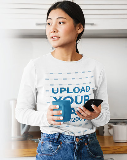 Long Sleeve T-Shirt Mockup of a Young Woman at Home