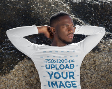 Long Sleeve Tee Mockup of a Man Leaning on a Big Rock 