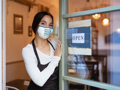 Face Mask Mockup of a Waitress Sanding by a Door With an Open Sign 