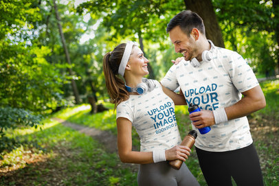Sublimated T-Shirt Mockup of a Couple of Runners in Nature