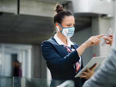 Face Mask Mockup of a Woman Working at an Airport