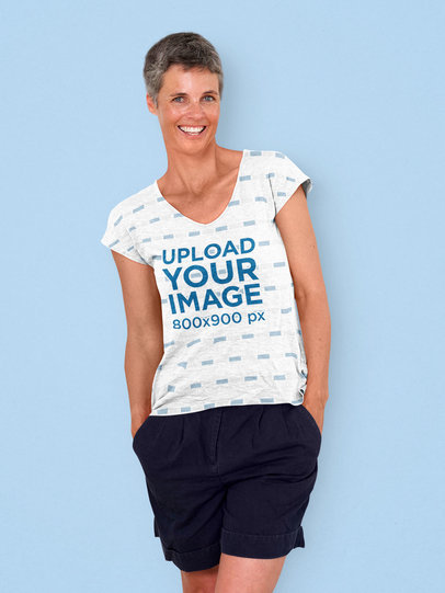 Mockup of a Middle-Aged Woman Posing with a V-Neck T-Shirt 