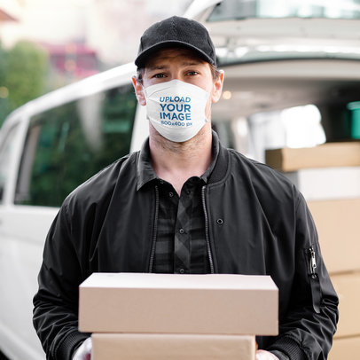 Mockup Featuring a Delivery Man Wearing a Face Mask 