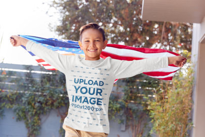 Long-Sleeve Tee Mockup of a Boy Waving an American Flag