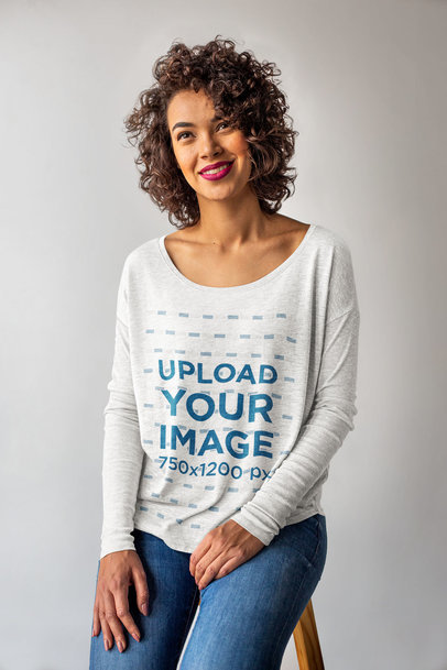 Mockup of a Woman Wearing s Scoop-Neck Long-Sleeve Tee at a Studio