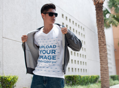 V-Neck Tee Mockup of a Cool Young Man with Sunglasses