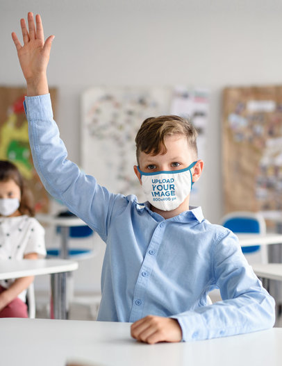 Mockup Featuring a Boy Wearing a Face Mask in a Classroom 