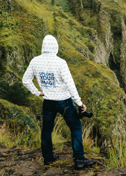 Hoodie Mockup of a Man Taking Pictures on a Hike
