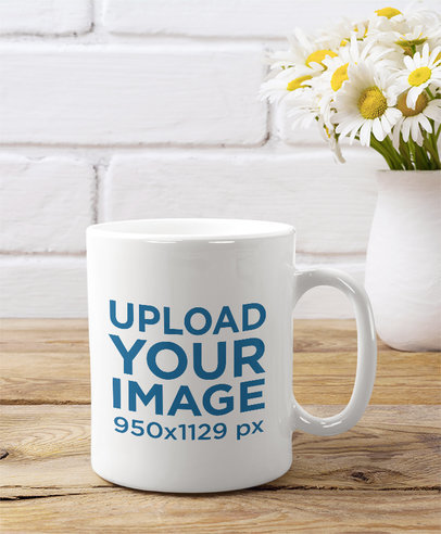 11 oz Coffee Mug Mockup Featuring a Small Vase Full of Daisy Flowers 