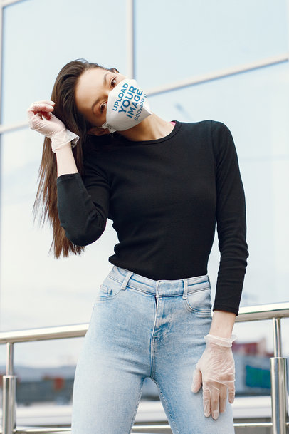 Mockup Featuring a Woman Wearing a Customizable Face Mask and Plastic Gloves