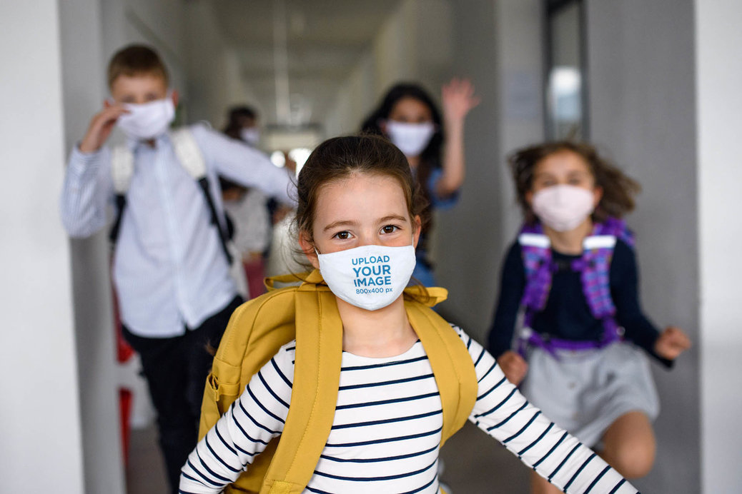 Placeit - Face Mask Mockup of a Girl Running After School