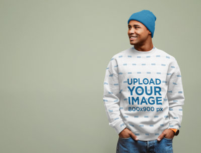 Mockup of a Man Wearing a Sublimated Crewneck Sweatshirt Against a Plain Background