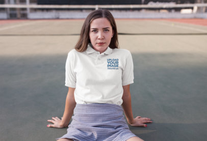 Mockup of a Woman Wearing a Polo Shirt Template While Sitting on a Tennis Court