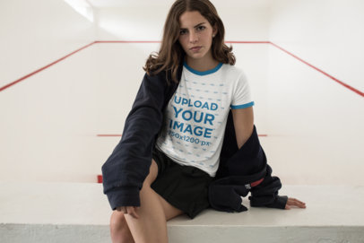 Mockup of a Serious Young Woman Wearing a Ringer Tee 17053