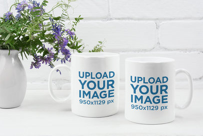 Mockup Featuring Two 11 oz Coffee Mugs on a White Table