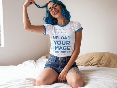 Ringer Tee Mockup Featuring a Woman with Blue Hair on Her Bed 17028a