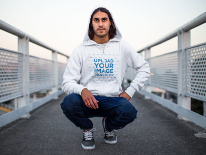 Full-Zip Hoodie Mockup Featuring a Man Crouching 8968a