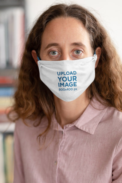 Face Mask Mockup of a Long-Haired Woman by a Bookshelf 