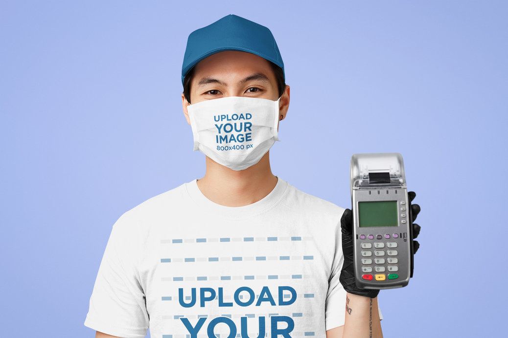 T-Shirt Mockup of a Cashier Wearing a Face Mask