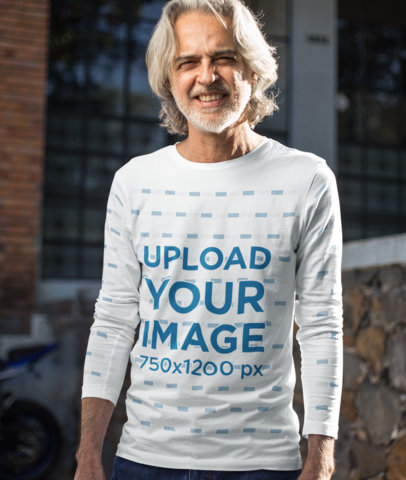 Long Sleeve Tee Mockup of a Smiling Elderly Man with a Beard