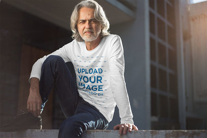 Mockup Featuring a Senior Bearded Man Wearing a Long-Sleeve Tee 
