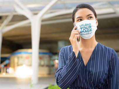 Face Mask Mockup Featuring a Serious Woman Making a Call