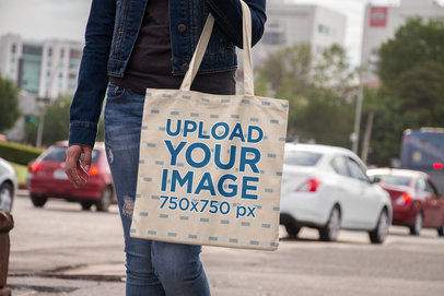 Tote Bag Mockup Featuring a Woman on the Street 