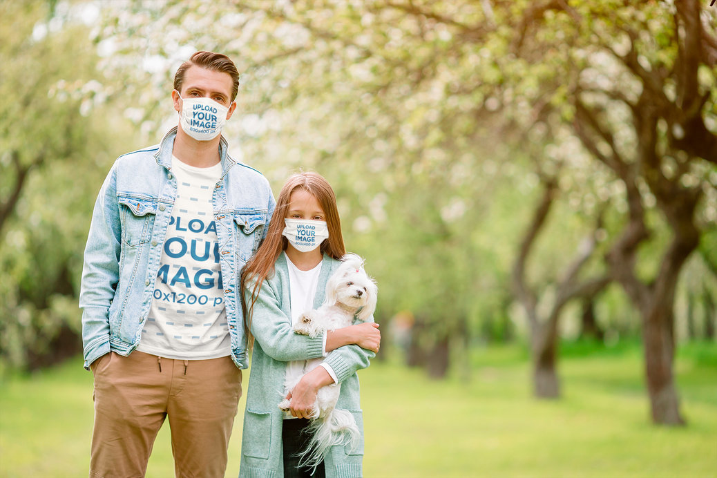 T-Shirt Mockup of a Man and His Daughter Wearing Face Masks