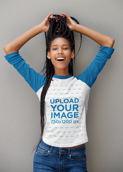 Raglan T-Shirt Mockup of a Woman Playing with Her Braids