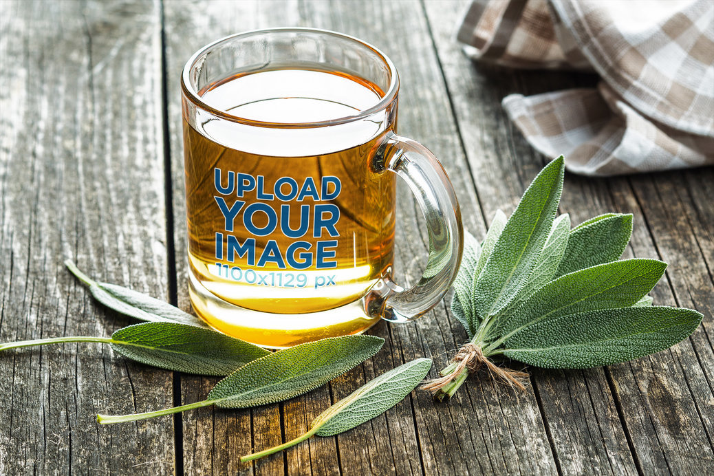  Mockup Featuring an 11 oz Clear Glass Mug Placed on a Rustic Wooden Table 