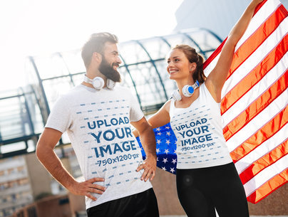 Tank Top and T-Shirt Mockup of a Couple Waving an American Flag