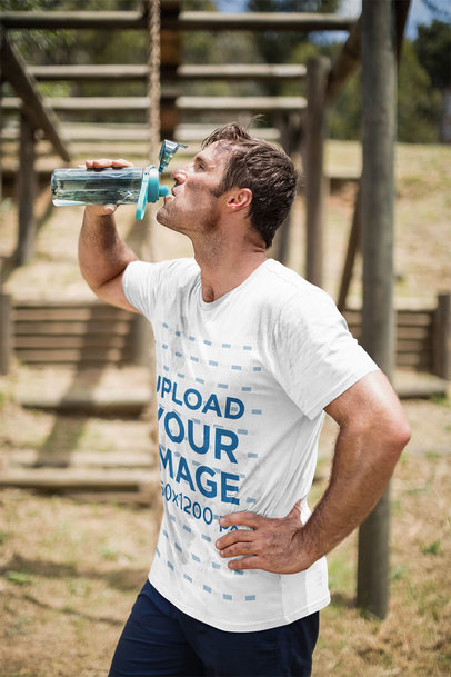 T-Shirt Mockup Featuring a Military Recruit Drinking Water 