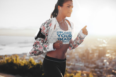 Sports Bra Mockup of a Woman Running on a Chilly Day 