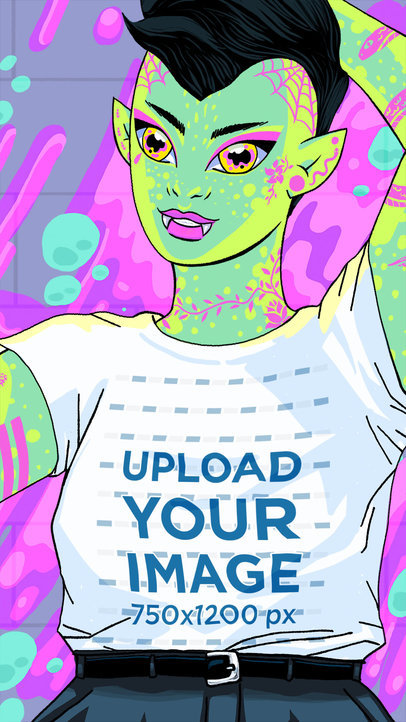 Illustrated Mockup of an Androgynous Alien Taking a Selfie with a T-Shirt